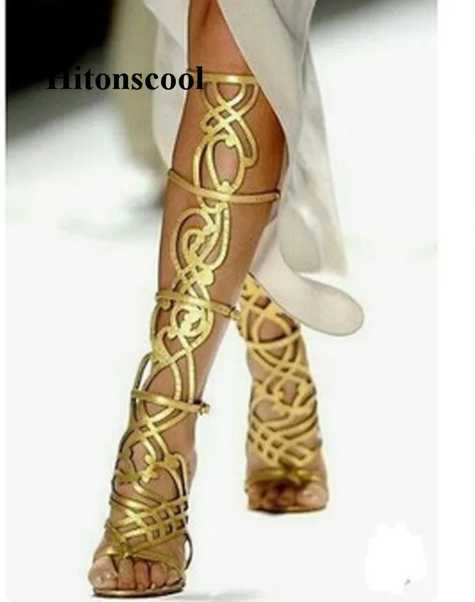 

Sexy Gold Sandalias Mujer Knee High Boots Summer Sandals Open Toe Stiletto High Heels Cut Outs Long Boots Stage Shoes Woman