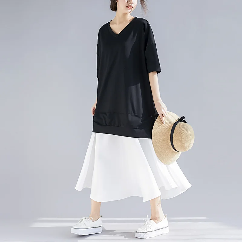 

BelineRosa 2019 Simple Style Casual Plus Size Dress False 2 Pcs Short Sleeve V Neck Black White Women Dress XE000009
