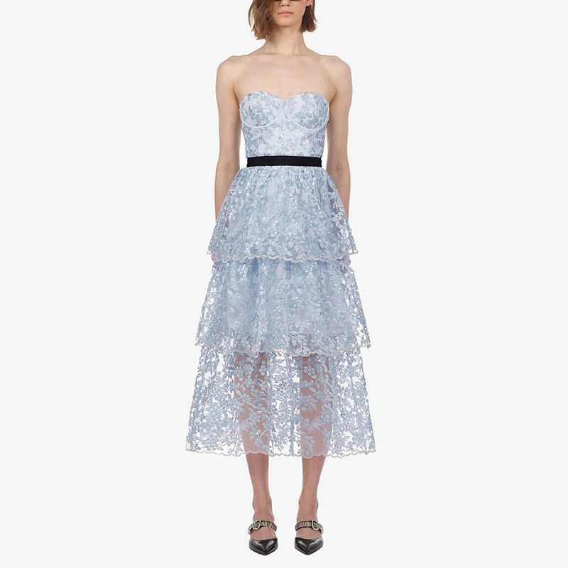

High-end Blue Floral Sequined Embroidery Mesh Pleated Long Dress 2019 Summer Women Sexy Strapless Cascading Ruffle Maxi Dress