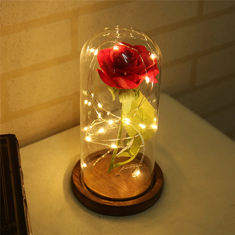 YO CHO Искусственные цветы Шелковая Красная роза в стеклянном куполе на деревянной основе светодиодный лампы с розами подарки на день Святого Валентина поддельные цветы Рождество