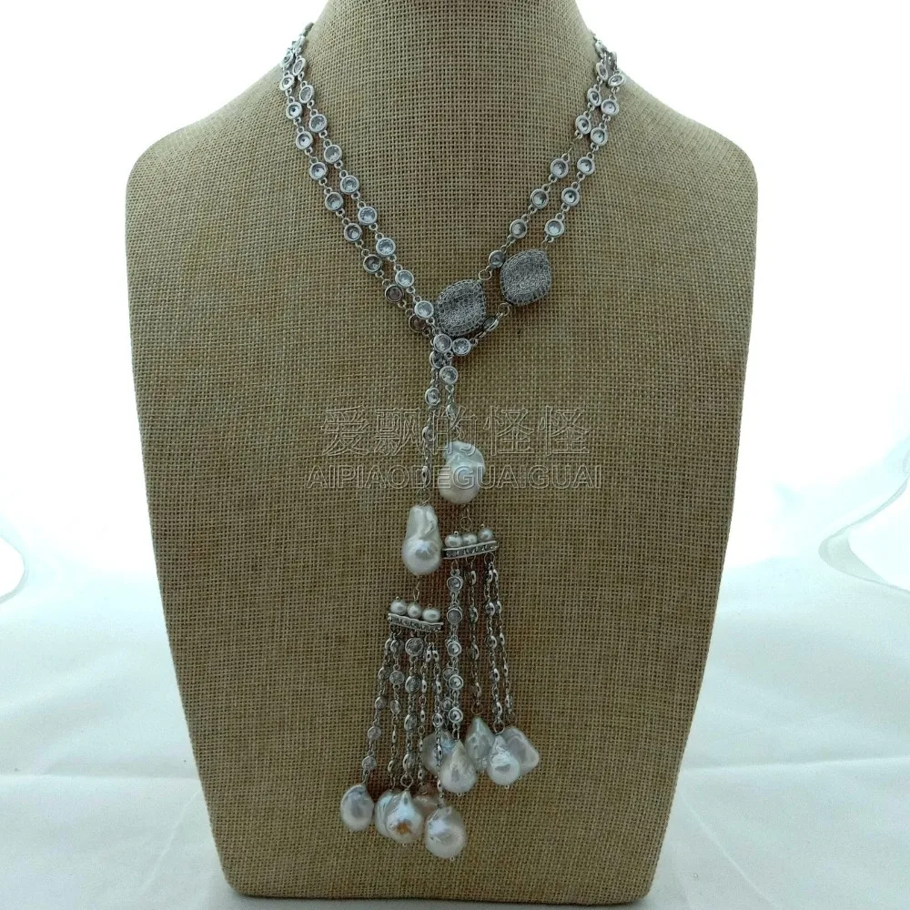 N092608 45 White Keshi Pearl Cz Pave Chain Long Necklace in Chain 