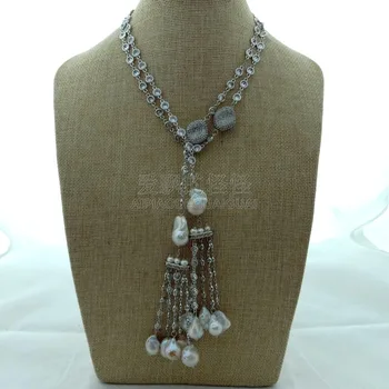 

N092608 45" White Keshi Pearl Cz Pave Chain Long Necklace