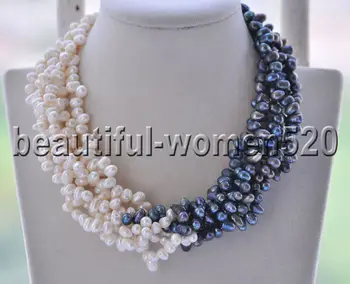 

Z8748 6Strands 7mm Black White Rice Freshwater PEARL Necklace 17inch