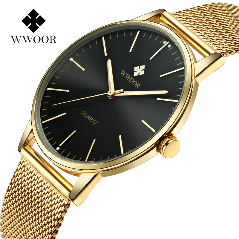 WWOOR Для мужчин s часы Водонепроницаемый тонкий золотой простой кварцевые часы Для мужчин лучший бренд класса люкс Нержавеющая сталь сетки