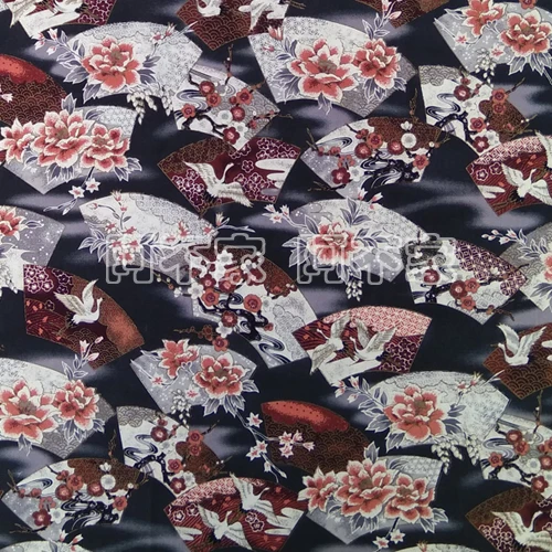 

145cm Width Japanese Style Fan Screen Crane Flowers Bronzed Black Cotton Fabric for Woman Dress Kimono Sewing Patchwork-AF194