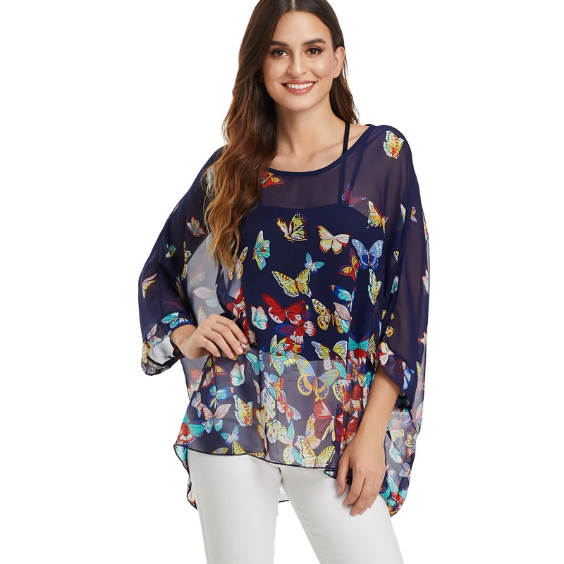 

Women Tops and Blouses Plus Size 2019 New Arrival Batwing Casual Loose Summer Tops Tees Ladies Floral Print Chiffon Blouse Blusa