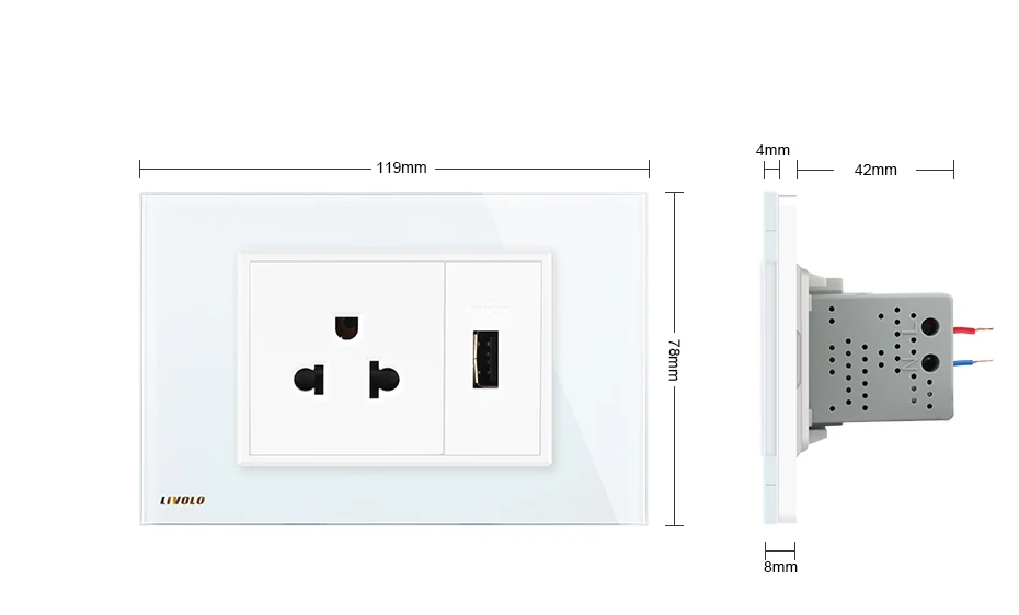 Livolo us розетка с usb зарядным устройством, белая/черная кристальная стеклянная панель, AC 110~ 250V 16A настенная розетка, VL-C9C1US1U-11/12