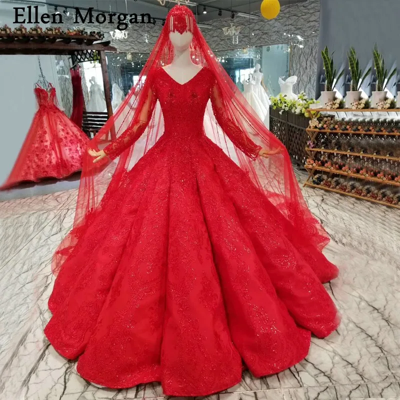 

Muslim Long Sleeves Red Wedding Dresses 2019 for Women Vintage V NecK Floor Length Customized Ball Gowns Bridal Gowns with Veils