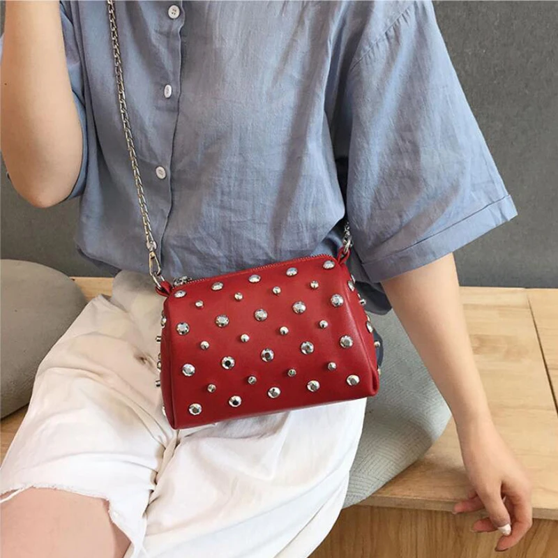 Yogodlns Bags For Women New Fashion Rivet PU Leather Women Bag Diamonds Shoulder Messenger Bag Chains Small Flap Crossbody Bag