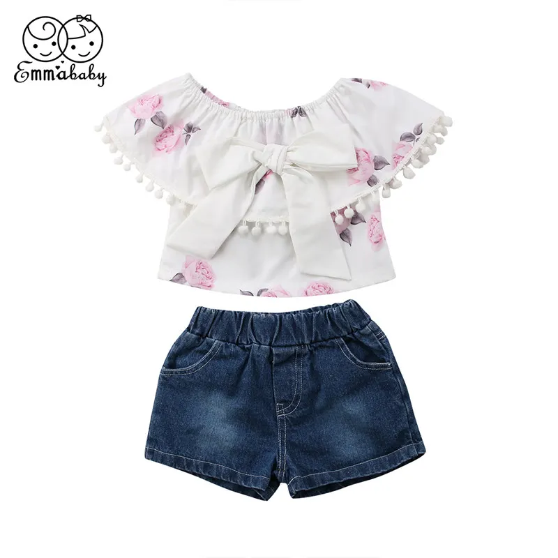 

Summer Kid Baby Girl Fashion Outfits Clothes 2PCS Set Ruffles Short Sleeve Floral Printed Off Shoulder Bowknot Tops Denim Shorts
