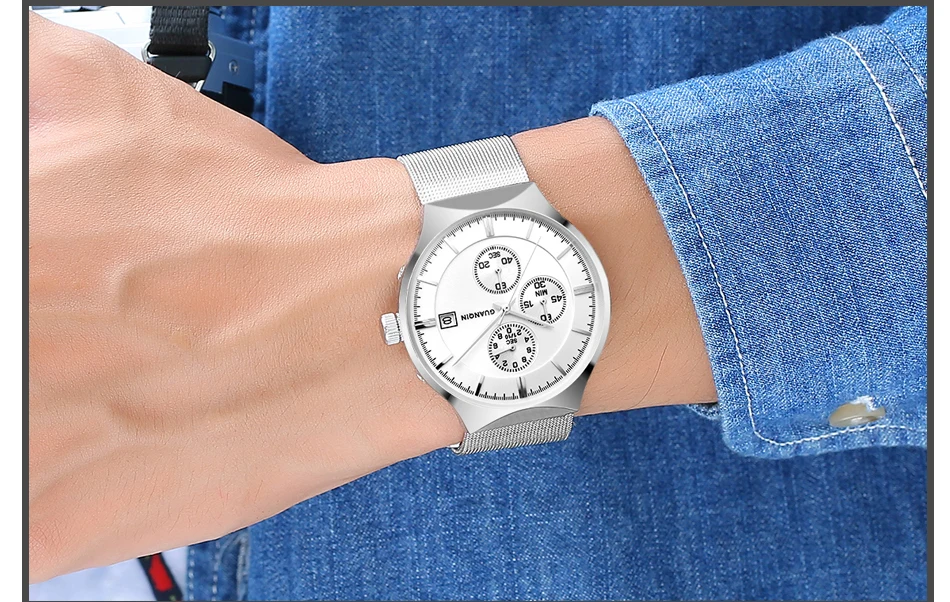 2018 GUANQIN Brand Luxury Men's Fashion Chronograph Calendar Watches Men Business Casual Mesh Band Waterproof Quartz Wrist Watch