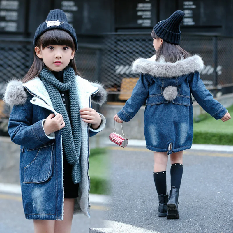 

Kids Girls Denim Jacket Autumn Winter 2018 New Children's Hooded Long Coat Fur Collar Thick Outwear Velvet Cowboy Coats JF339