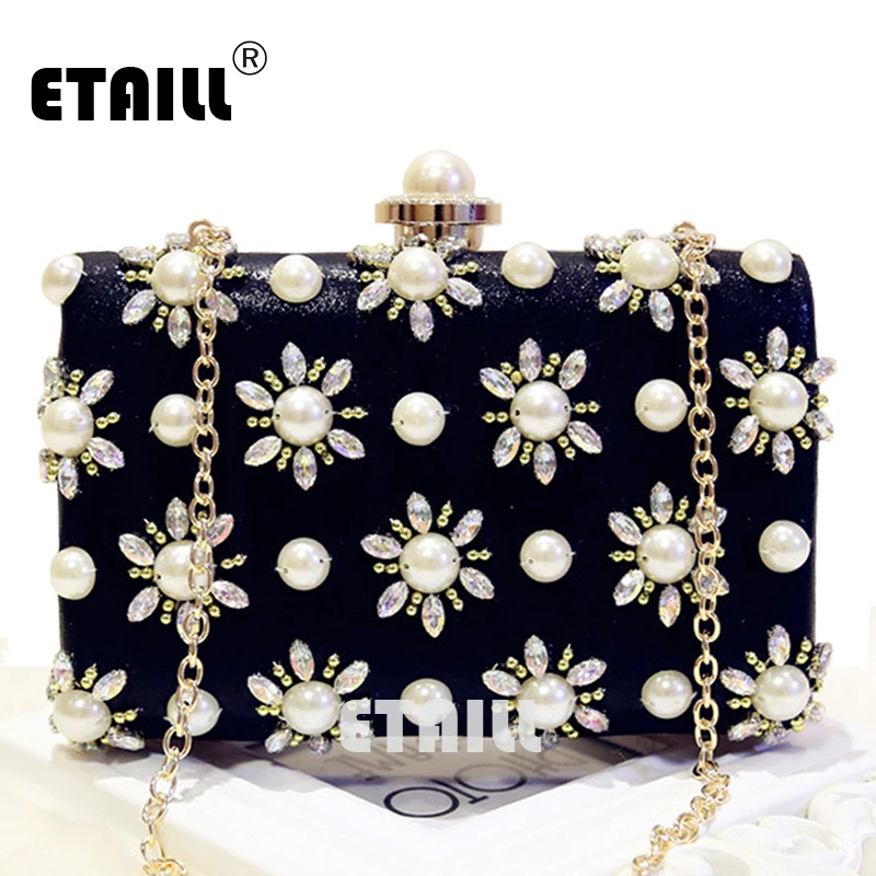 

ETAILL Pearl Bead Rhinestone Female Wedding Bridesmaid Party Bags Black Luxury Crystal Evening Clutch Bag Charm Chains Handbag