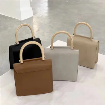 

Brand 2019 Wooden Handle handbag Solid Color PU Leather Box Tote Bag Vintage Small Shoulder Crossbody Bags Chic Ladies Clutch