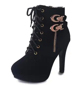 

Fashion Zapatos Mujer Size 26-62 Winter Women Pumps Shoes Woman Ankle Boots Motorcycle Thin High Heels Rivets Ladies BYB16115