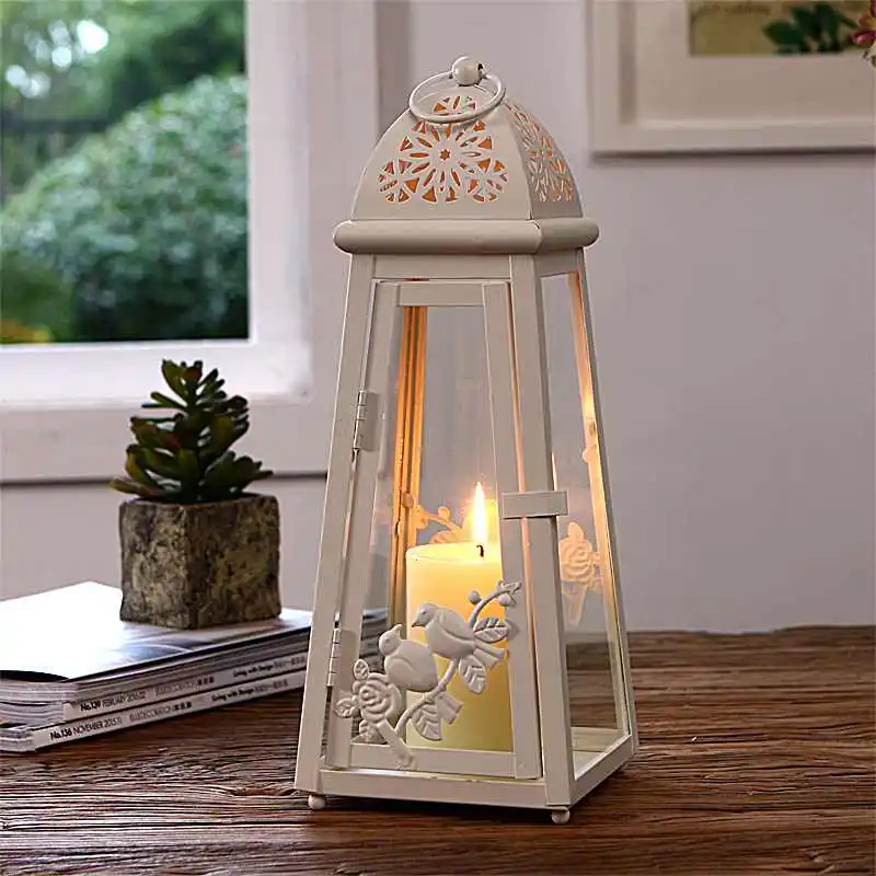 Amercian Accents Weddings Favors Two Birds On Branch Design Beige White Iron Candle Lantern with Glass Door and Sides Amercian Accents Weddings Favors Two Birds On Branch Design Beige White Iron Candle Lantern with Glass Door and Sides