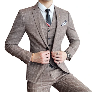 

(Tops + Pants + Vests) Male Korean version of the British Slim Plaid Youth Casual handsome groom wedding dress three-piece