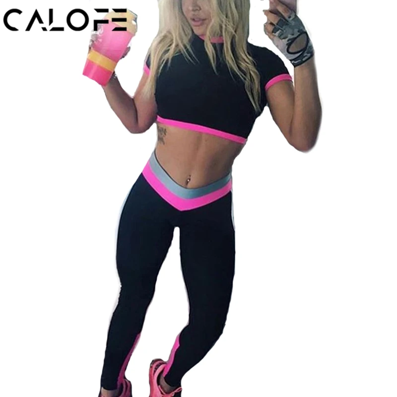 CALOFE Two Piece Sport Suit Womens Patchwork Short Sleeve Crop Top And Sexy Jogging Set Fitness