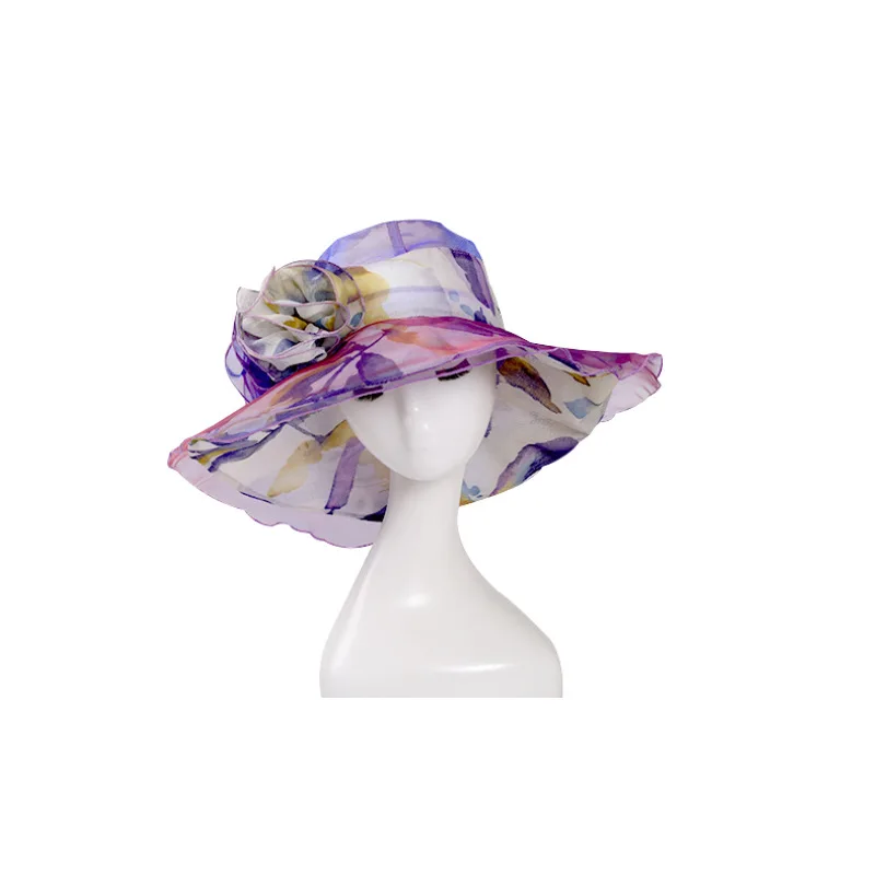 Purple Sun Hats FS фиолетовый с широкими полями церковное платье Кентукки Дерби шляпа для женщин органза складные женские шляпы от солнца федоры фиолетовый летний Козырек Кепка - Цвет: Purple Sun Hats