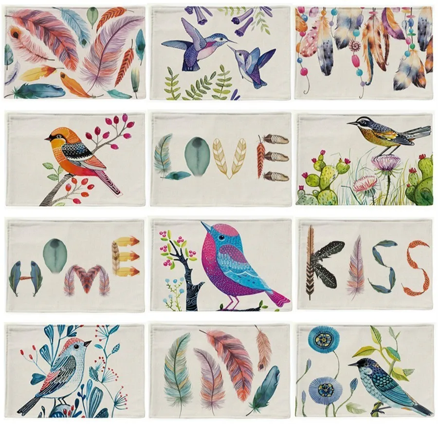 

42x32cm The Painting Bird Flower Placemats Cotton Linen Feather Dreamcatcher Printed Square Pattern Decorative Table Mats
