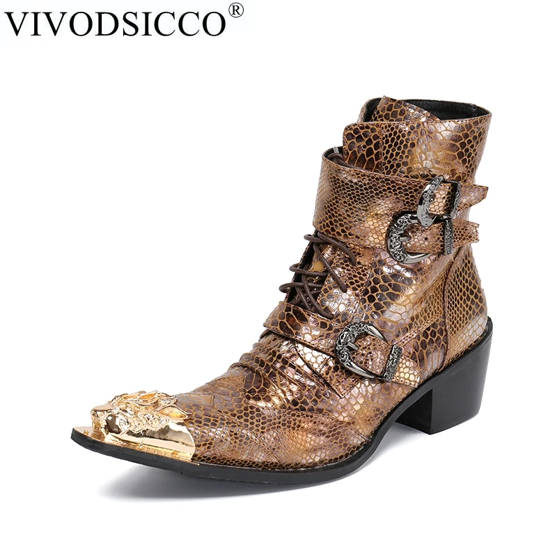 VIVODSICCO/роскошные мужские ботинки до середины икры в британском стиле; ковбойские ботинки из натуральной кожи в байкерском стиле; мужские кожаные сапоги под платье со змеиным узором
