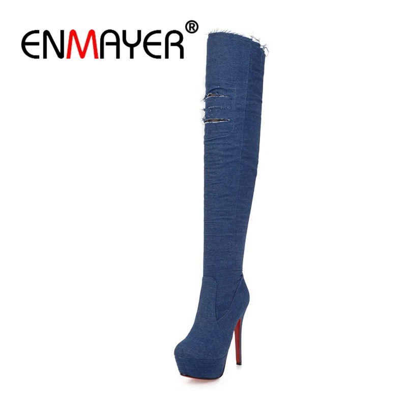 

ENMAYER Women Over the Knee boots Lady Fashion Shoes Big Size 32-43 Thin heels Platform Shoes Zipper solid high heel boot CR1195
