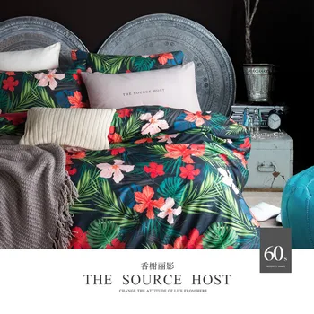 

No.62-71 luxury HD Digital print bed sheets 100% Cotton bedding sets bright red linens with flamingos duvet cover set queen