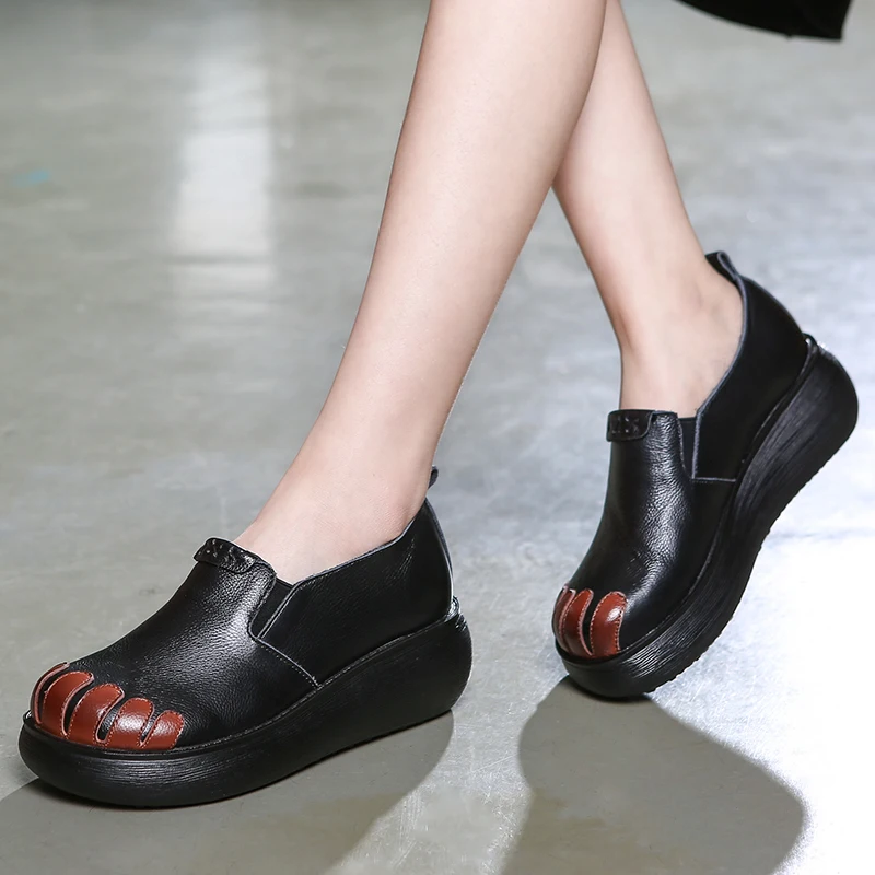 

Women Leather Pumps Black Set Foot Lazy Shoes Spring 2019 Casual Pumps Women Handmade Leather Wedge Shoes Women Retro Style