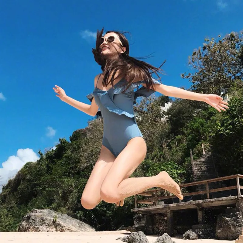 

Sexy Bathing Suits Swimsuit One Piece With Cups Swimsuits For Women Summer 2019 Retro Falbala Female Cute Girls Condole Belt