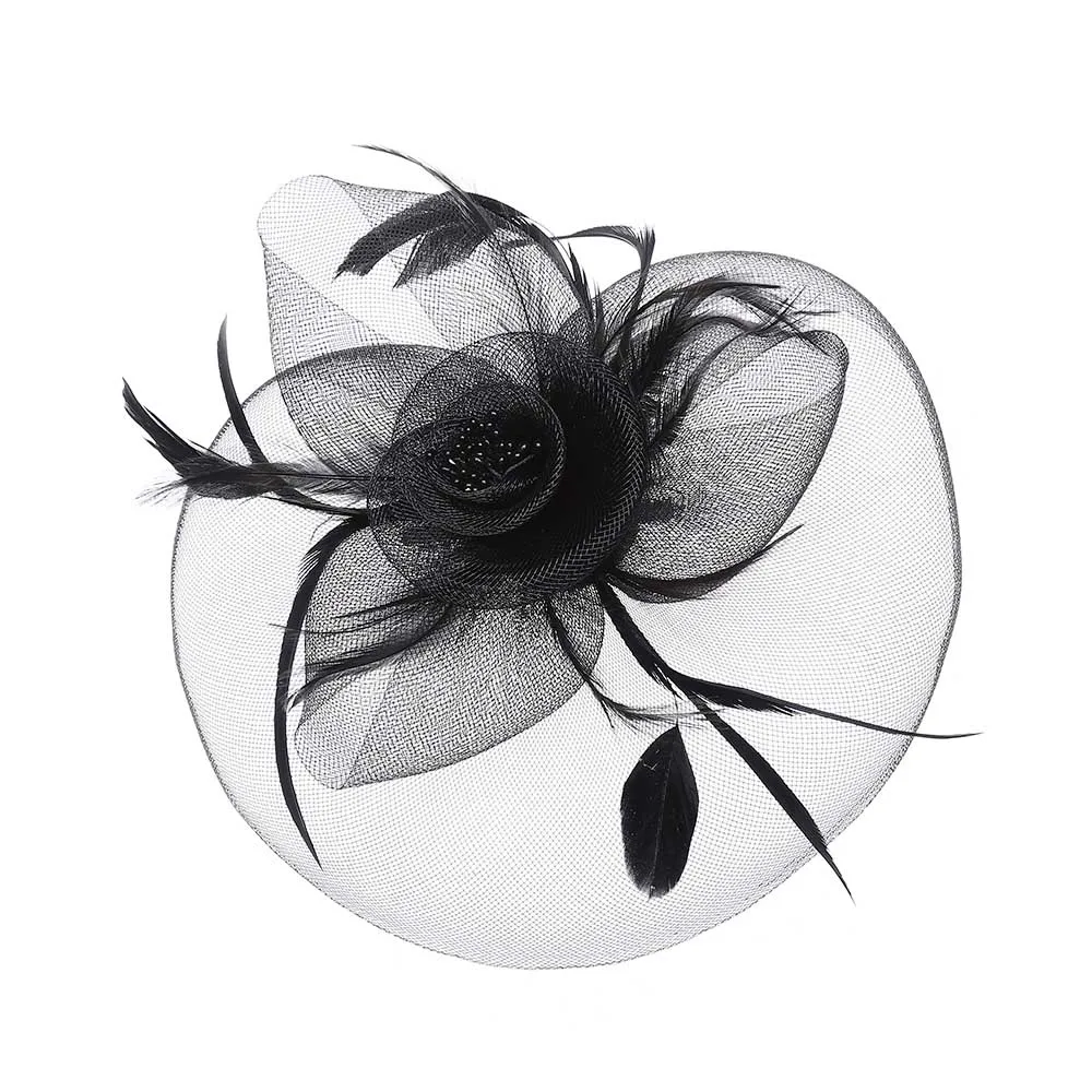 WELROG Ретро Женские фетровые шляпы, шляпа-Вуалетка, перо, сетчатая сетка, заколка для волос, головные уборы для вечерние, свадебные, Дамская лента, головные уборы - Цвет: Черный