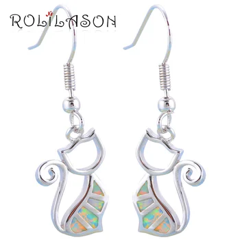 

ROLILASON Brand Wonderful Cat Design White Fire Opal 925 Silver Party Fashion Jewelry Drop Earrings for Girls OES629