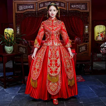 

Vintage Handmade Button Bride Pleated Dress Red Tassels Women Wedding Cheongsam Suit Embroidery Qipao Chinese Toast Clothes