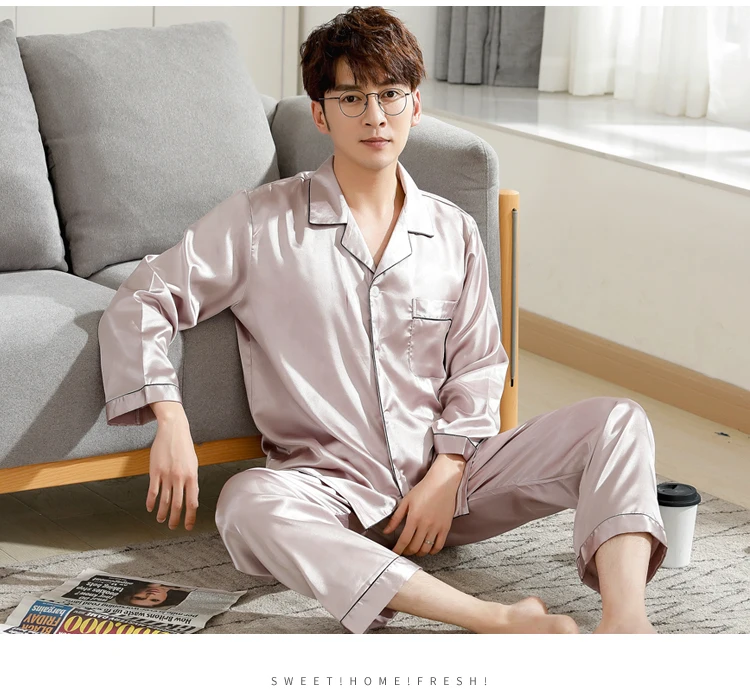 Middle Aged Men's Spring Autumn Pajamas Suits Two Piece Fake Silk Pajama Thin Night Wearing Clothes For Men 2018 New JW330 (13)