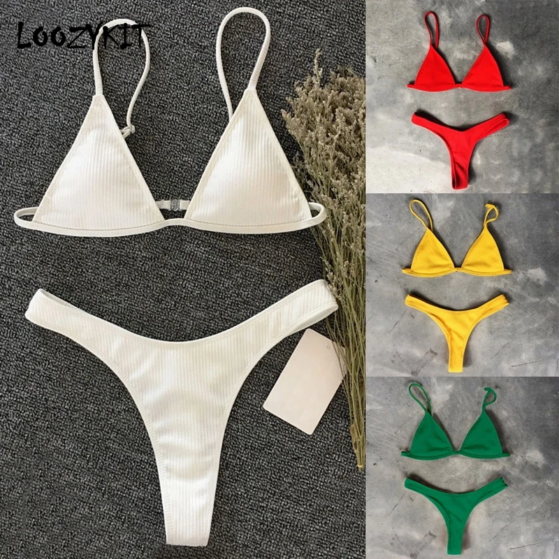 

LOOZYKIT Summer 2019 Solid Low-rise Bikini Knitted Split Pit Beachwear Push Up Swimsuit Backless Spaghetti Strap Bathing Suit