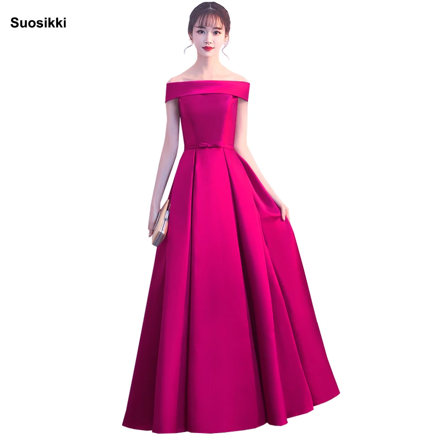 Suosikki простое длинное вечернее платье невесты банкетное атласное с вырезом «лодочкой» с открытыми плечами длиной до пола пикантное вечернее платье на заказ - Цвет: HOT PINK