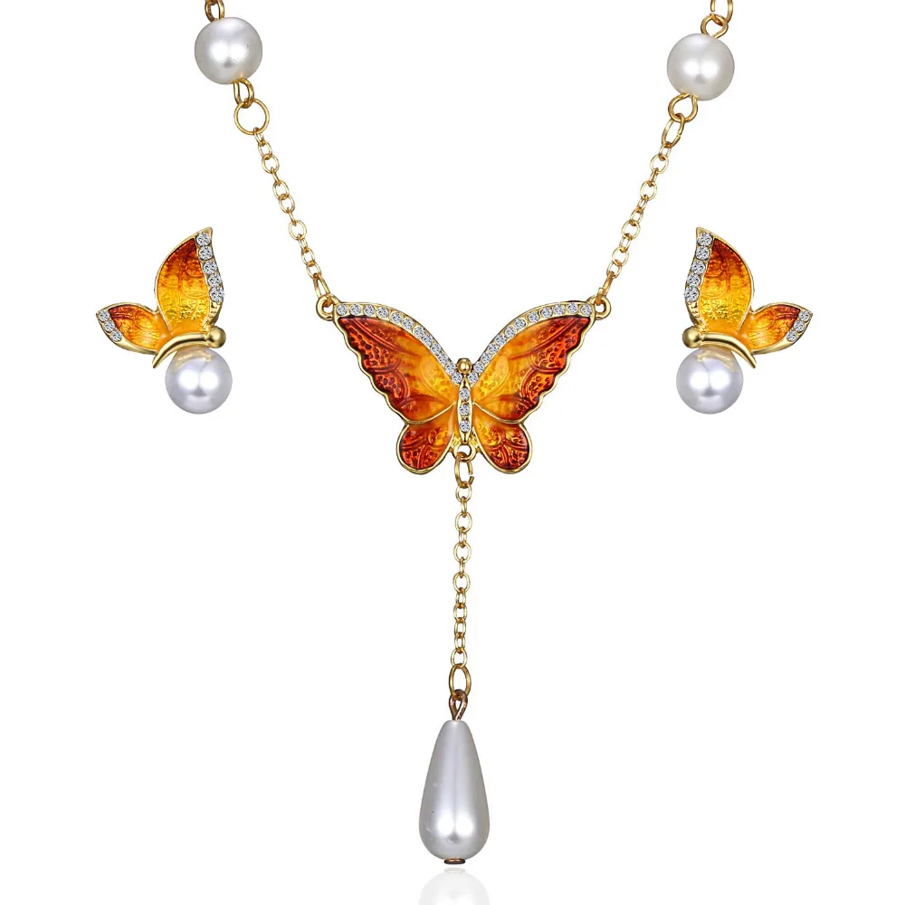 

Gold Color Jewelry Sets Silver Color Leaf Hollow Out Butterfly Necklace and Flower Earrings For Wedding Dress