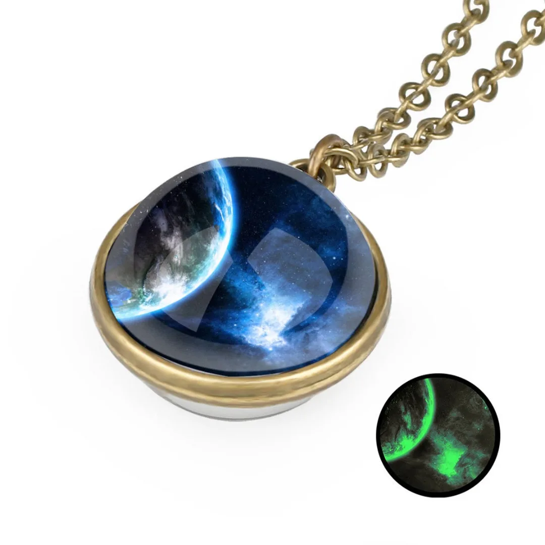 Glow In The Dark Long Chain Necklace Jewelry For Women Men Trendy Two Sides Glass Ball Universe Galaxy Nebula Space Necklace