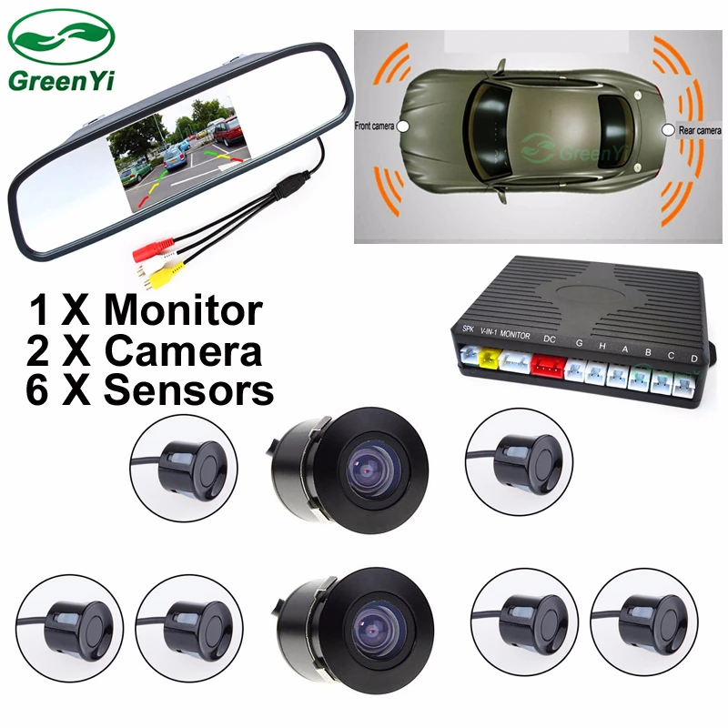 

GreenYi 2018 New Dual Channel 4.3" Car Mirror Monitor with Front / Rear view Camera + 6 Sensor Video Parking Assist Radar System