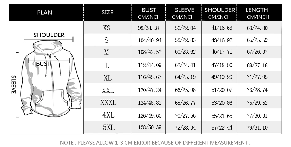 hoodies size chart