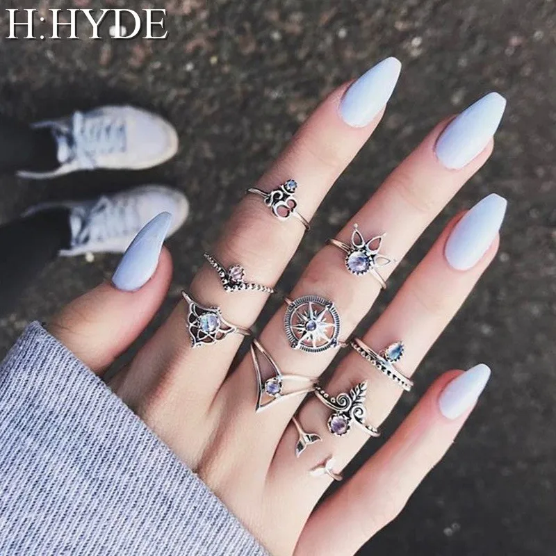 

H:HYDE 9PCS/LOT Bohemian Midi Ring Set Vintage Steampunk Top Blue CZ Stone Anillos Ring Knuckle Rings for Women Anel