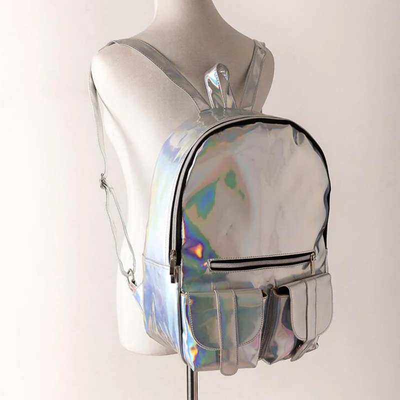 

Cool Women's Rainbow Colorful Hologram Backpacks Laser Silver Color Holographic Mirror Mini Shoulder Bags for Girls