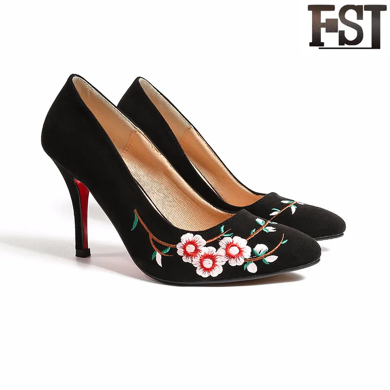

FSJ Ethnic 2019 Black Floral Embroider Spring Basic Womens Pointed Toe Pumps Thin High Heels Slip On Dress Work Woman Shoes