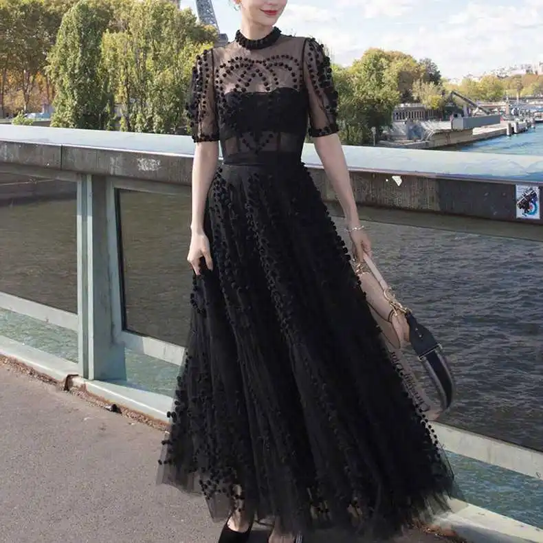 Подиумное женское Сетчатое бальное платье, вечерние, длинное платье, весна, сексуальное черное бальное платье с коротким рукавом, тонкое платье в стиле бохо, элегантное платье Vestidos