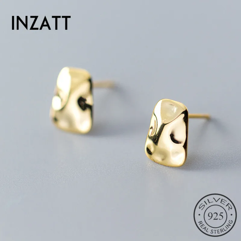 

INZATT Real 925 Sterling Silver Irregular Geometric Glossy Stud Earrings For charming Women Party Fine Jewelry Gold Color Gift