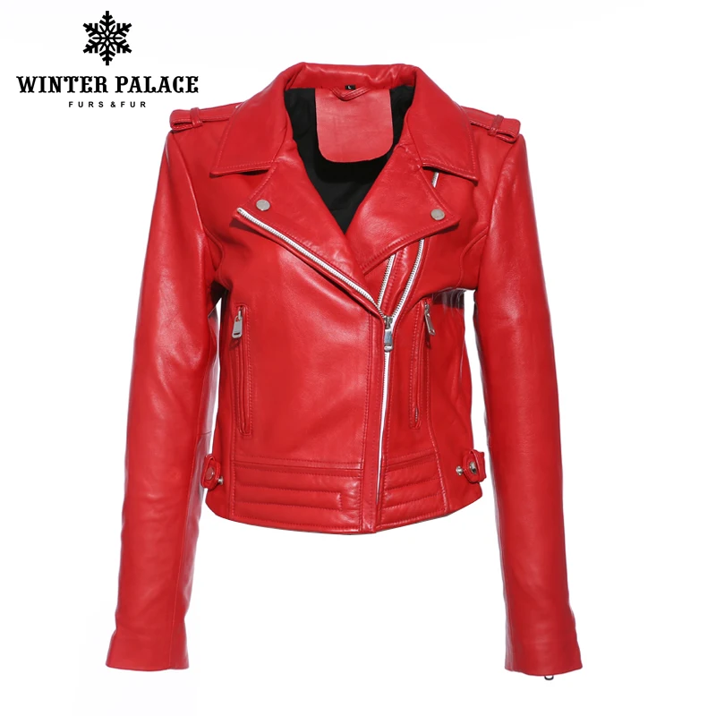 

WINTER PALACE leather motorcycle leather clothing female short sheepskin spring and autumn black leather lapel slim