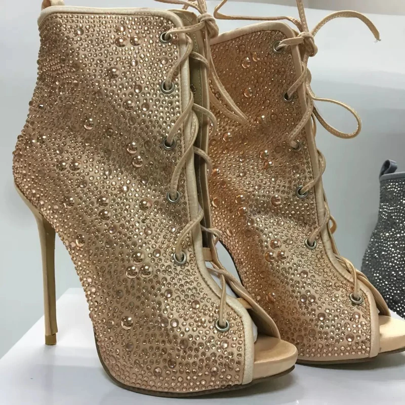 

Spring Autumn Women Boots Hot Drilling Decorated Ankle Boots Open Toe High Heels Shoes for Woman Lace-up Short Botas Mujer