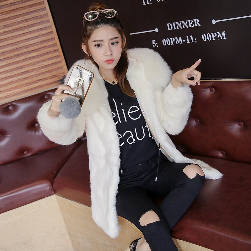 Fur coat female whole skin rabbit fur long fox fur hooded