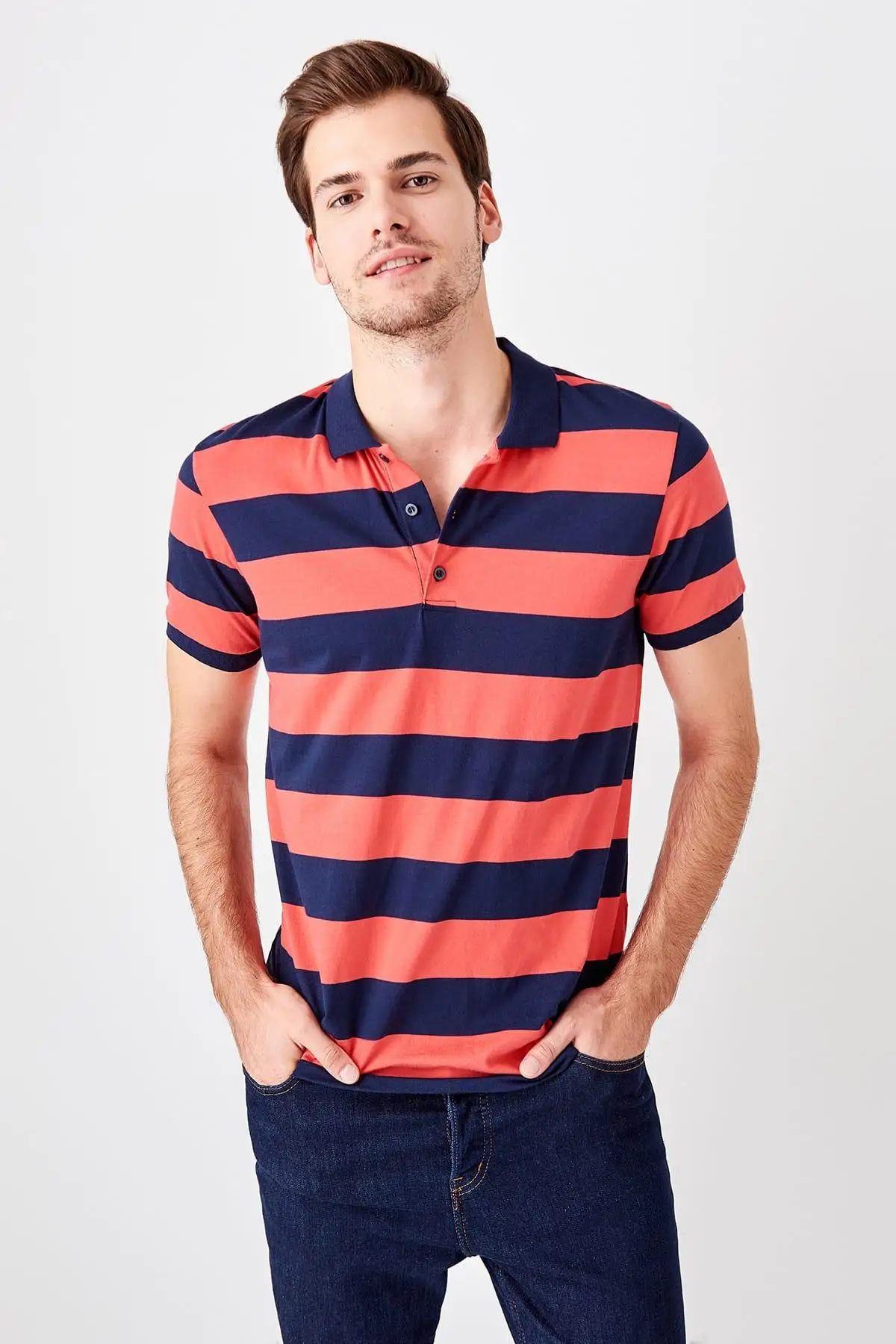 

Trendyol Coral Men 'S Striped Polo Collar T-Shirt New TMNSS19PO0061