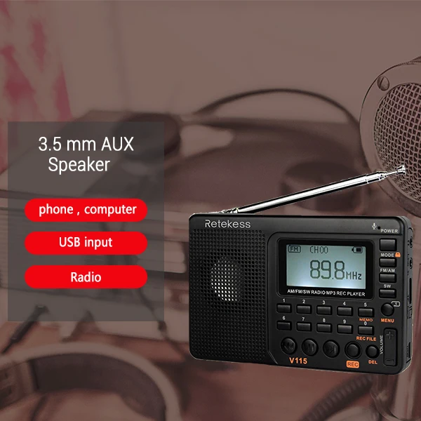 Retekess V115 радио FM/AM/SW мировой диапазон приемник MP3 плеер REC ...