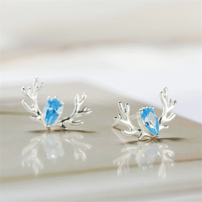 

2019 Women's Earring Fashion Cute Antlers Blue Crystal Studs Earrings Deer Head Sterling Silver 925 Women Accessories KED3264
